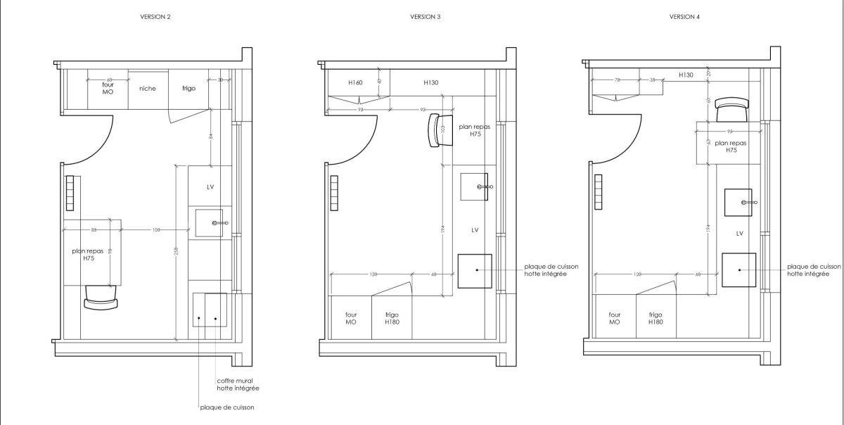 3 version de plans d'implantation cuisine